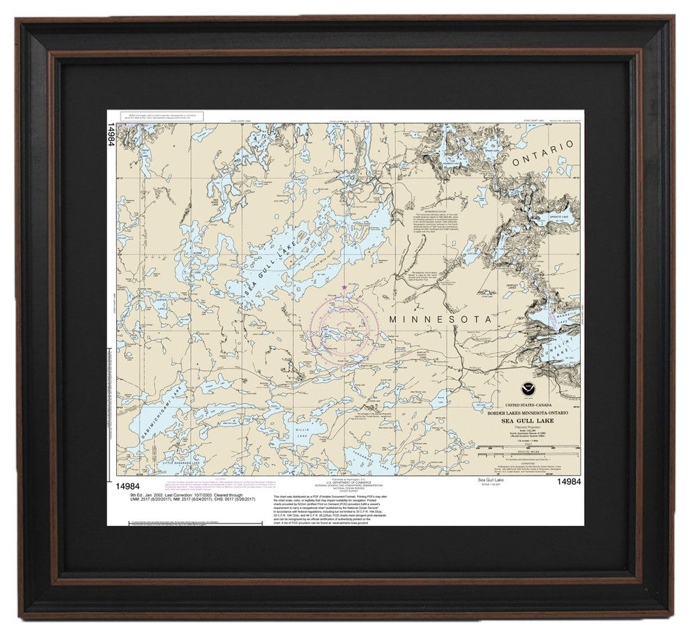 Poster Size Framed Nautical Chart, Sea Gull Lake, Minnesota, 36x31
