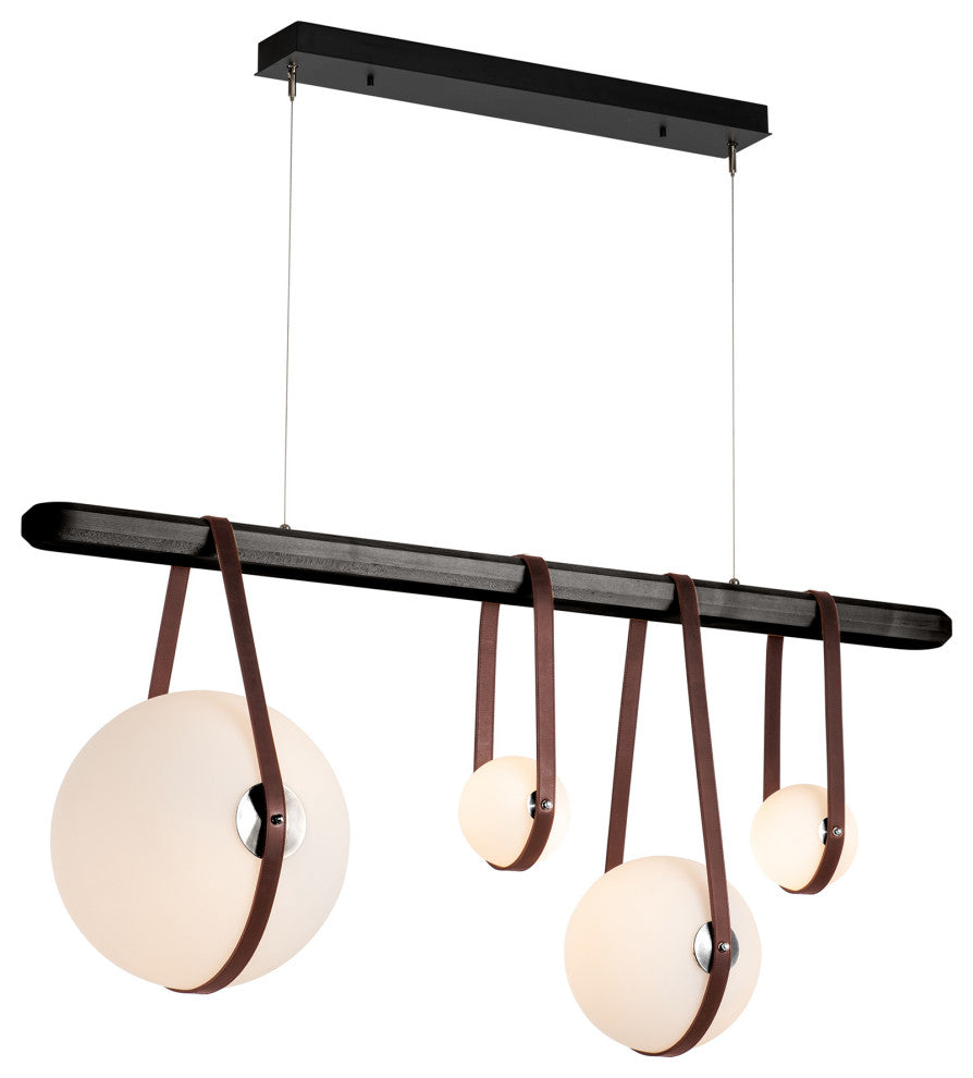 Derby Linear 4-Light LED Pendant, Polished Nickel, British Brown Leather, Black