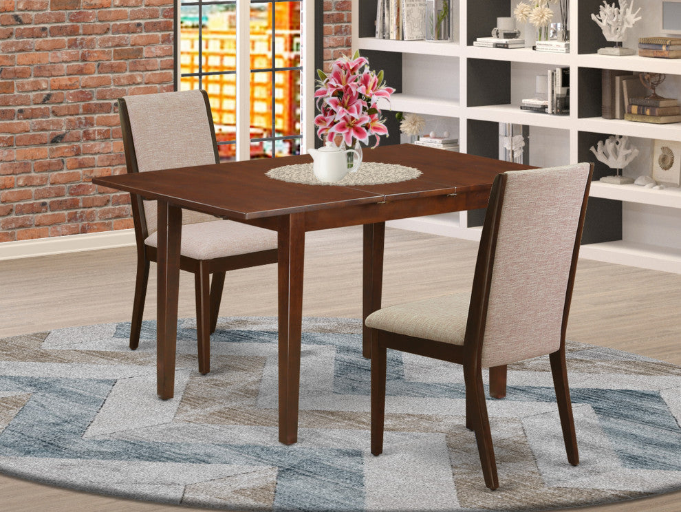 3Pc Dining Set, Butterfly Leaf Table, 2 Chairs, Light Tan Chairs Seat, Mahogany