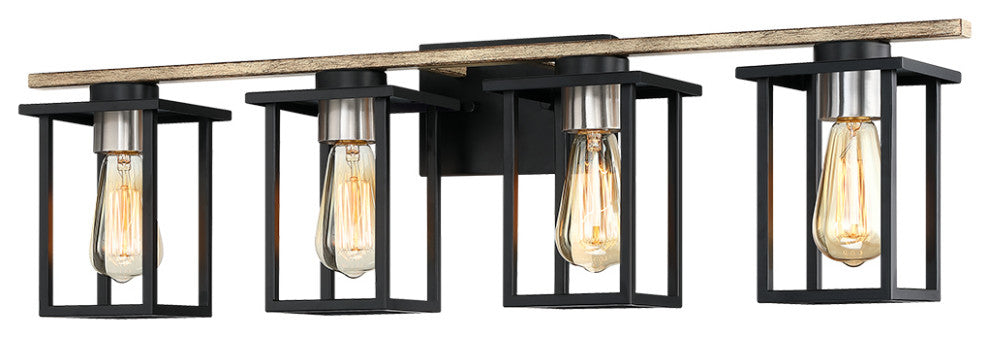 Matte Black/Wood Tone Rustic Bath Vanity Light With Open Cage Shades, 33" Wide