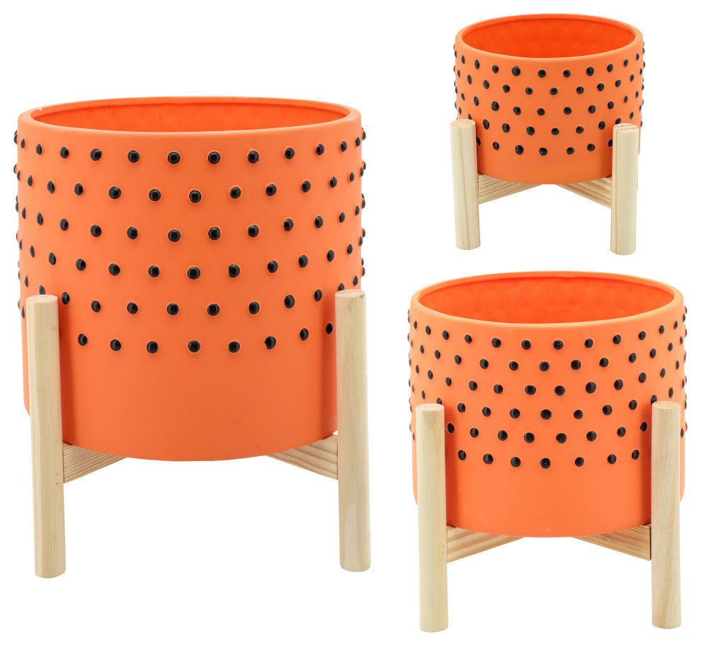 10" Dotted Planter With Wood Stand, Orange