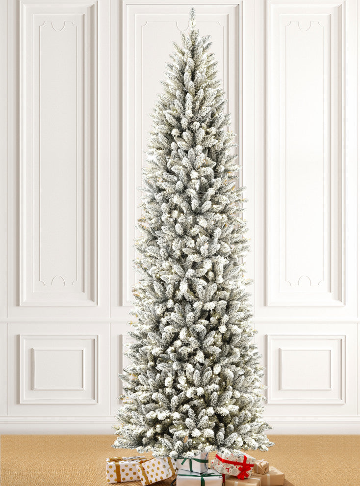 9ft Pre-Lit Flocked Pencil Fir Artificial Christmas Tree With 600 Warm Light