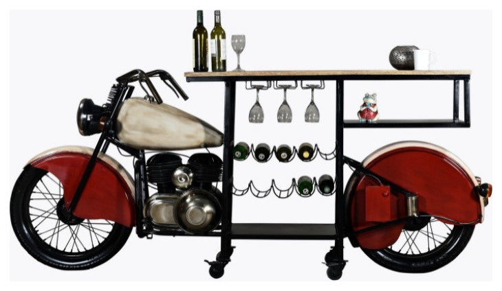 HomeRoots 18" X 93" X 39" Red and White Motorcycle Wine Bar