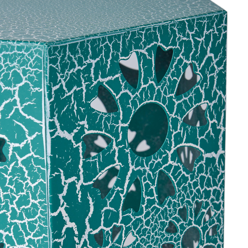GDF Studio Elliot Outdoor 12" Crackle Sunburst Iron Side Table, Crackle Teal