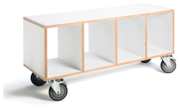 Modern Wood Bench On Casters, Open Cube Storage, White