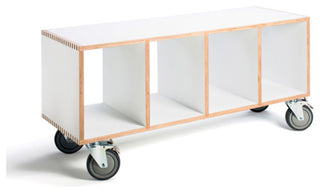 Modern Wood Bench On Casters, Open Cube Storage, White