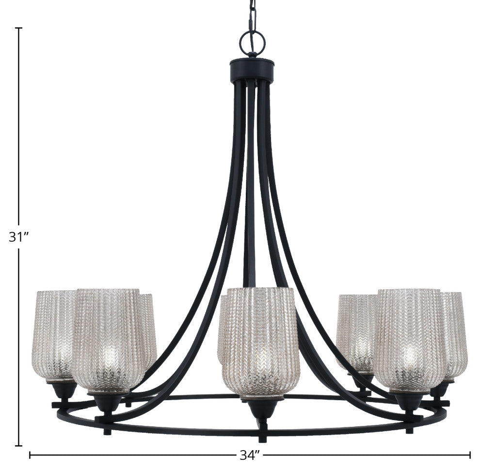 Paramount Uplight 8-Light Chandelier, Matte Black, 5" Silver Textured Glass