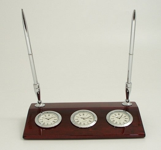 "Tokyo", Lacquered "Rosewood" 3 Time Zone Desk Clock