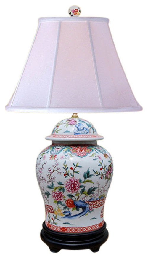 Chinese Porcelain Floral Motif Temple Jar Table Lamp, 29"