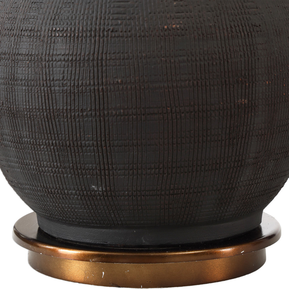 Luxe Sculpted Gold Black Ribbed Table Lamp, MidCentury Modern Ceramic Metallic