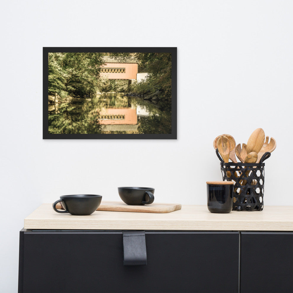 The Reflections of Wooddale Covered Bridge Aged Framed Photo Wall Art Print, Black, 12" X 18"