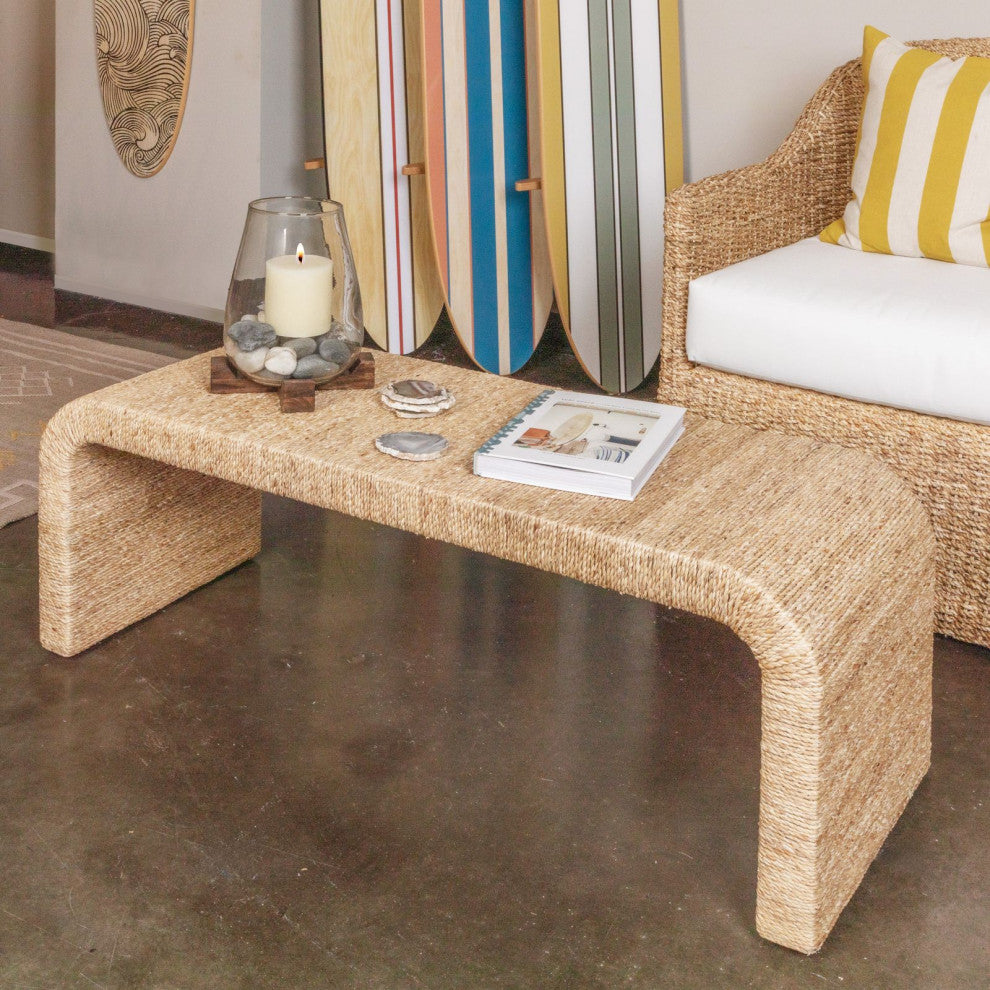 Woven Water Hyacinth and Acacia Wood Bench With Waterfall Edge, Natural