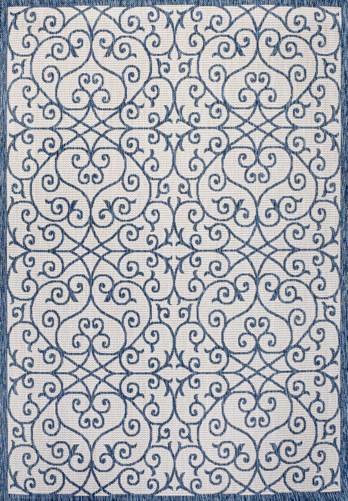 Madrid Vintage Filigree Textured Weave Indoor/Outdoor, Blue/Cream, 5 X 8