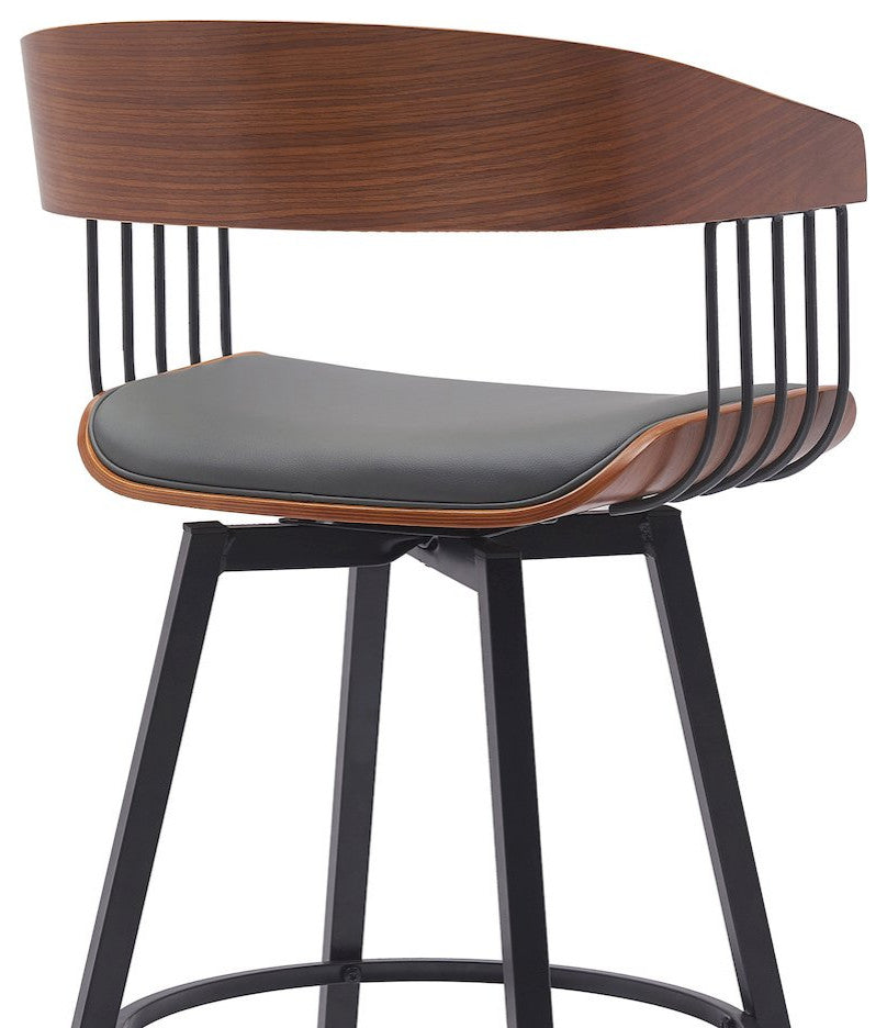 Athena Upholstered Wood Swivel Bar or Counter Stool with Black Metal