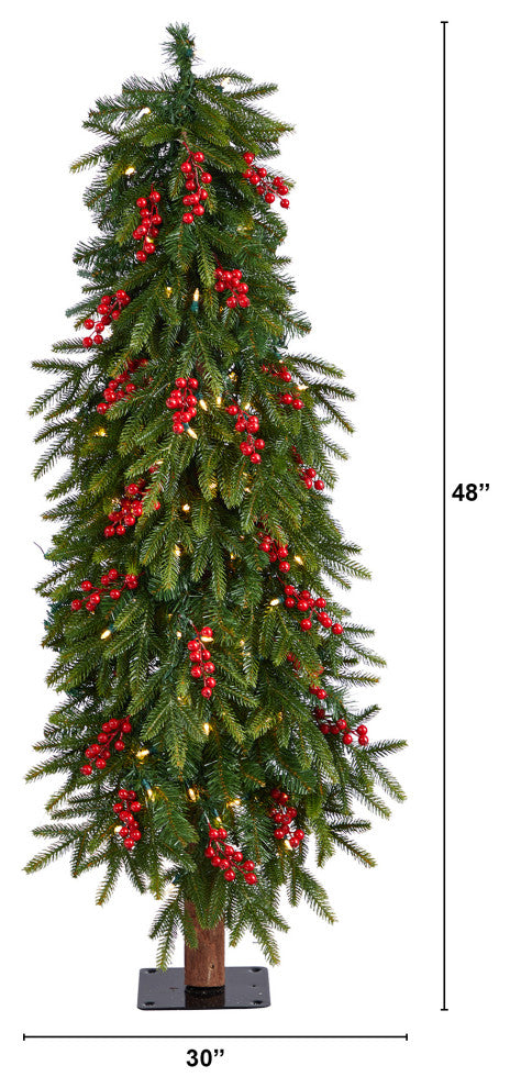 4' Victoria Fir Faux Xmas Tree W/ Lights, Berries & Bendable Branches