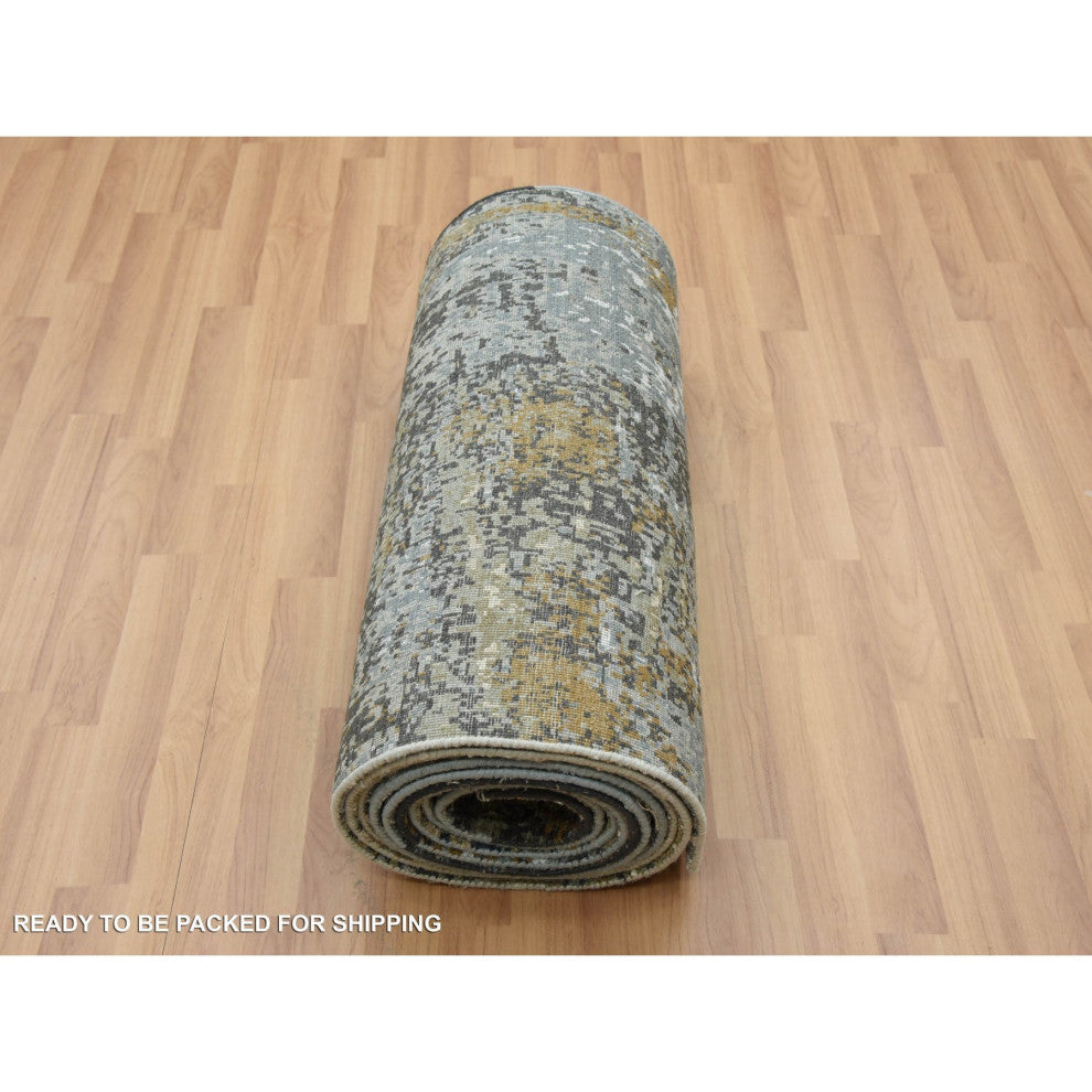 Battleship Gray, Wool Hand Knotted, Abstract Design XL Runner Rug, 2'5"x19'10"