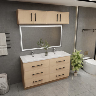 Victoria 60" Double Sink Solid Wood Vanity, Overhead Cabinet, Yellow Oak