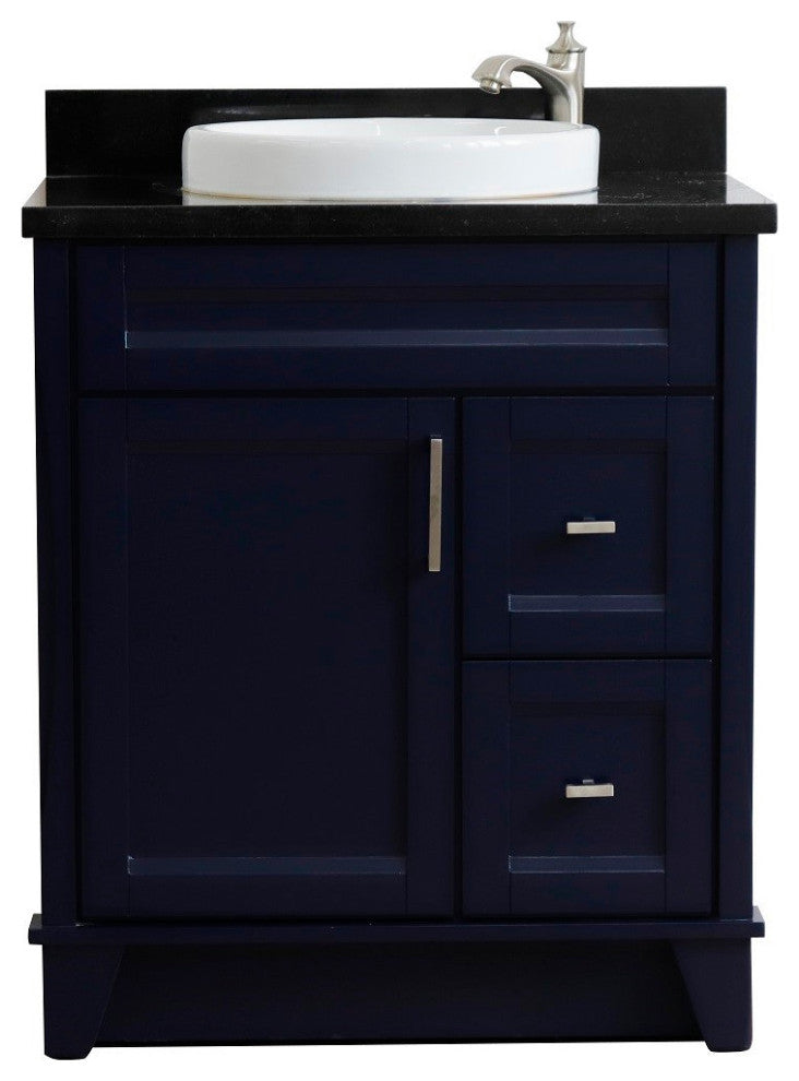 31" Single Sink Vanity, Blue Finish With Black Galaxy Granite With Round Sink
