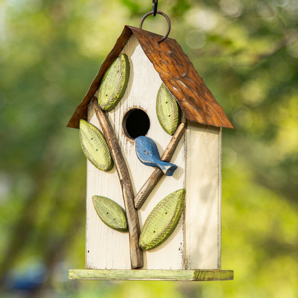 9.75"H Washed White Distressed Solid Wood Birdhouse With 3D Tree and Bird