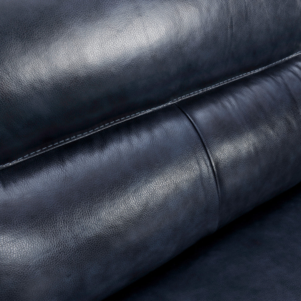 Franz 87" Modern Genuine Leather Sofa, Blue Midnight
