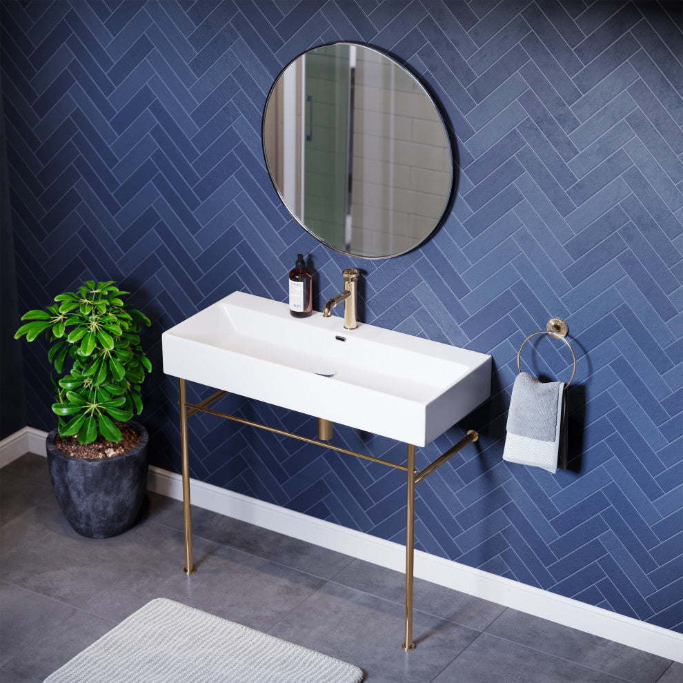 Claire 40" Ceramic Console Sink White Basin Gold Legs
