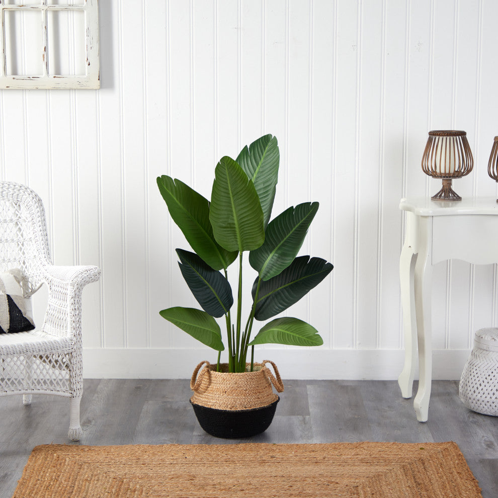 4' Travelers Palm Faux Tree Boho Chic Handmade Cotton & Jute Black Woven Planter