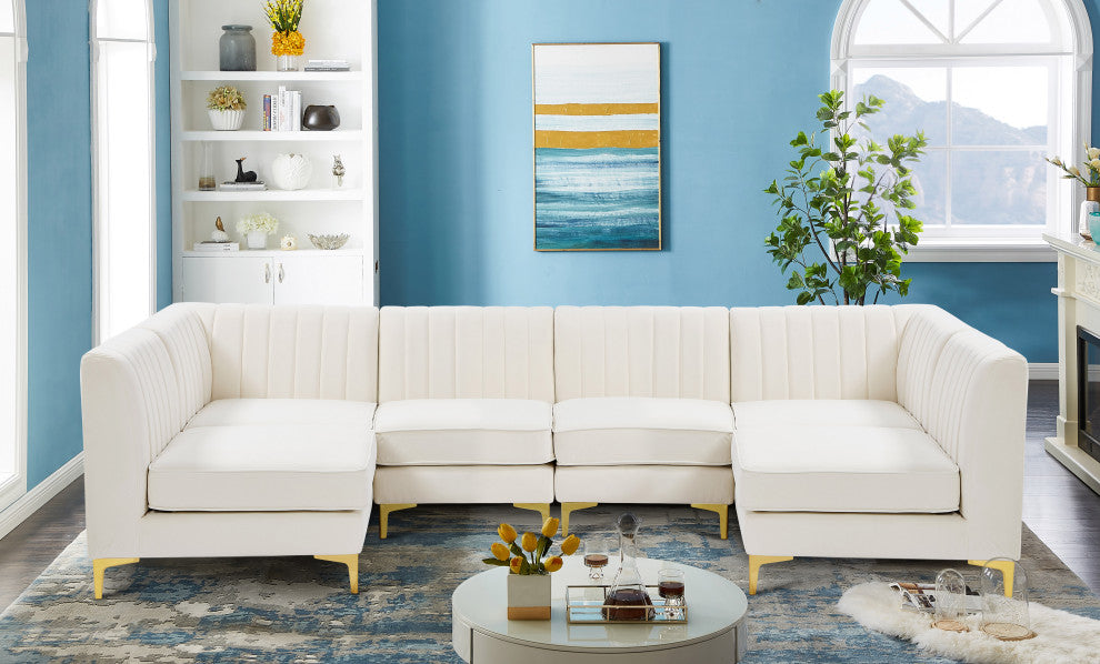 Alina Velvet Modular U-Shaped Sectional, Cream, 6-Piece: 4 Armless Chair, 2 Corner Chair