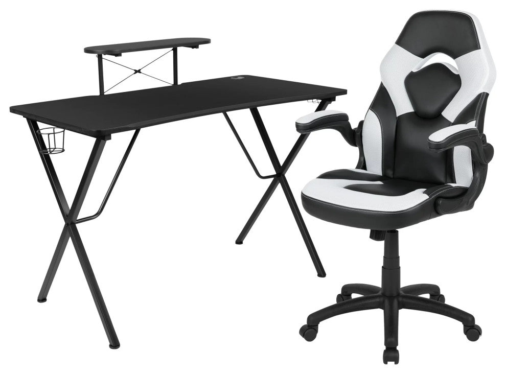 Modern Gaming Desk With Comfortable Chair, Raised Shelf & Cup Holder, White