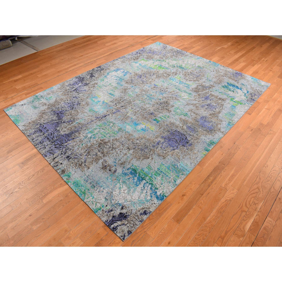 Battleship Gray Diminishing Coins Silk With Wool Hand Knotted Rug 8'9"x11'10"