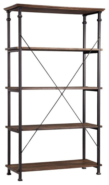 Industrial Bookcase, Metal Frame With Crown Molded Top & X-Support, Dark Brown
