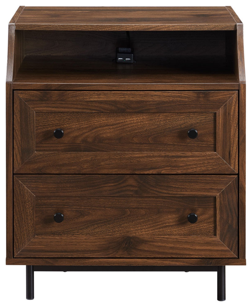 Modern Nightstand, 2 Drawers & Open Compartment With USB Port Attachme