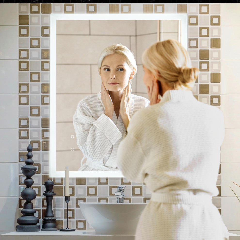 Frosted Bathroom Tri-Color Dimming LED Anti-Fog Wall Mirror - 30" x 36"
