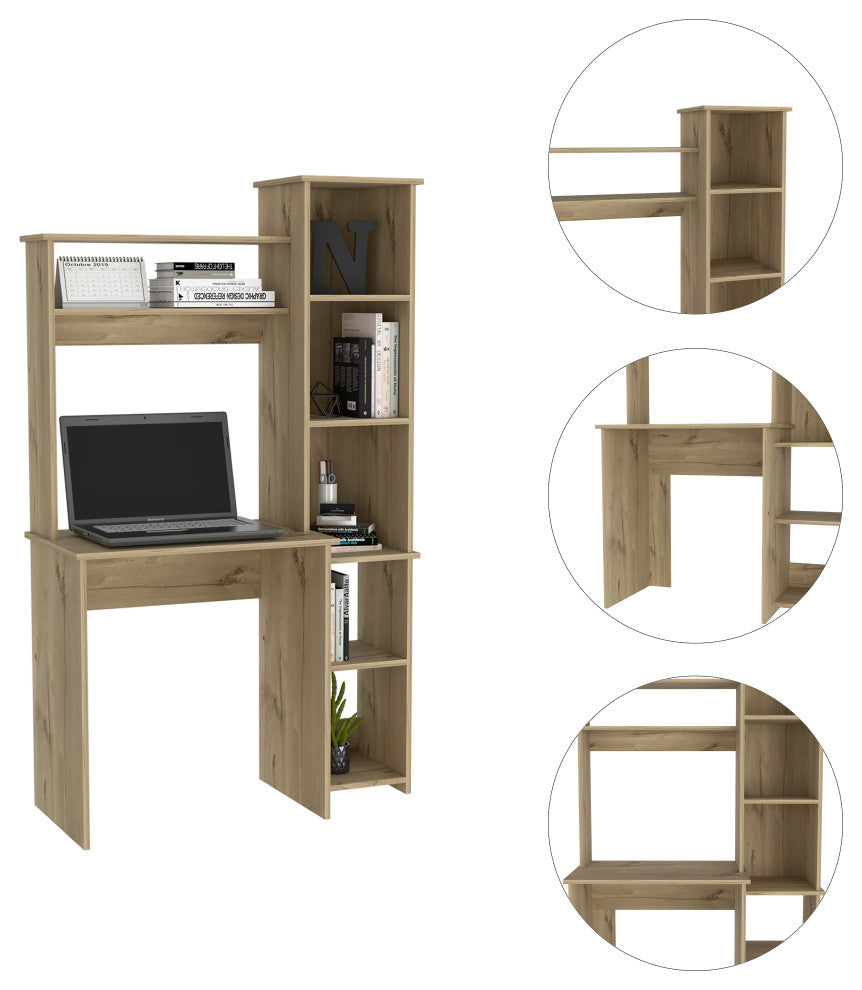 TATEUS 6-Shelf Home Office Writing Desk with Built-in Bookcase, Light Oak