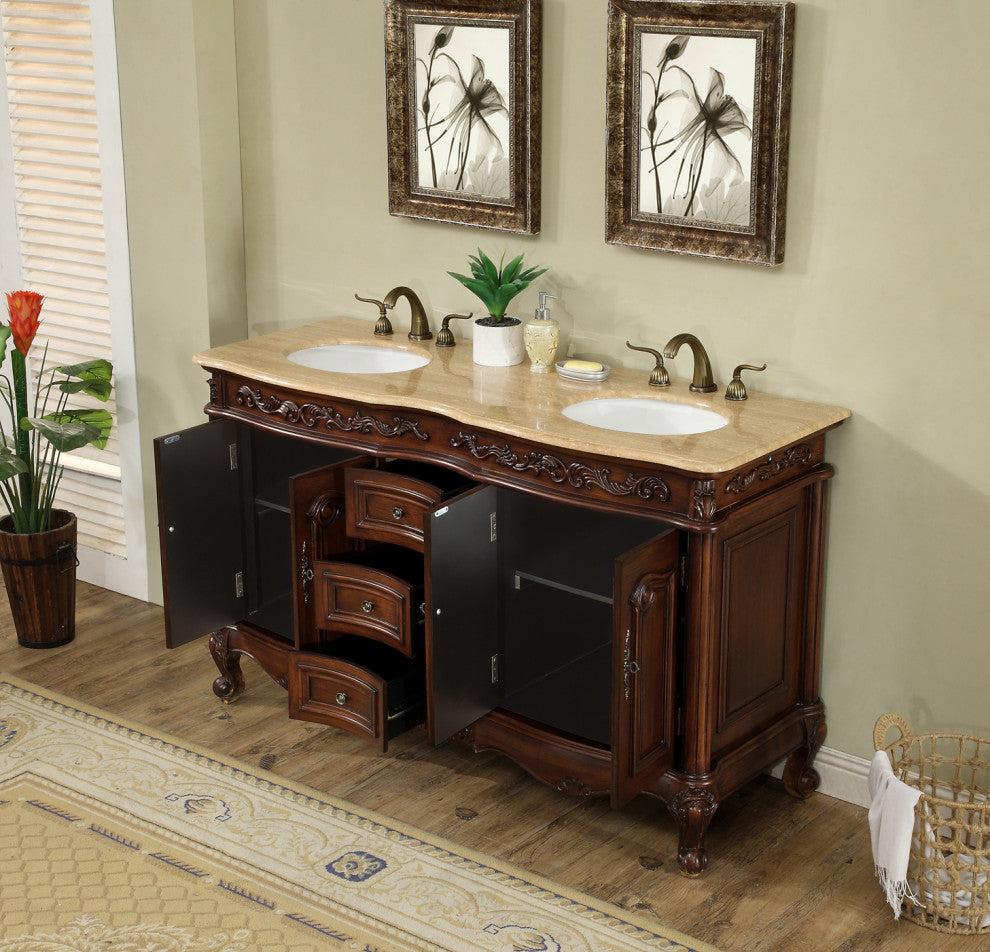 Cassandra 60" Dark Cherry Double Sink Bathroom Vanity, Travertine Marble Top