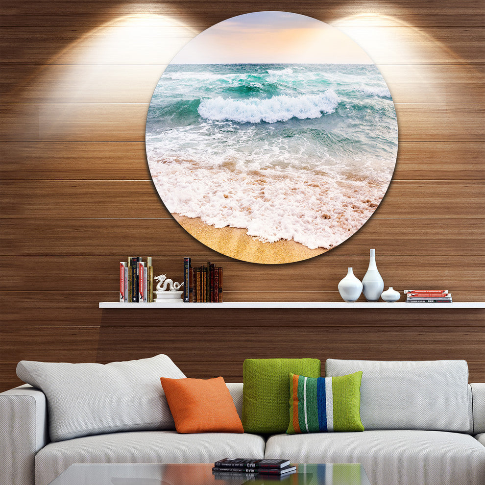Foaming Waves Splashing The Sand, Seashore Round Metal Wall Art, 38"