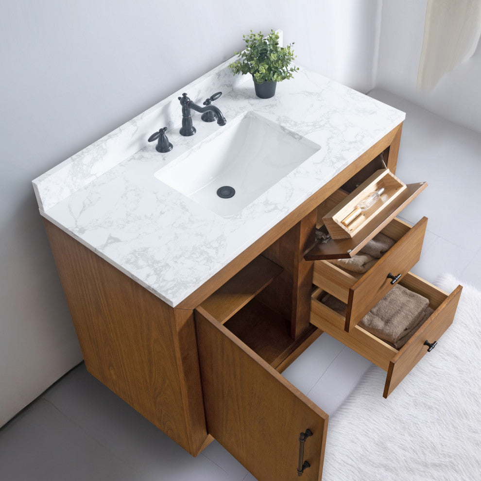 Vanity Art Bathroom Vanity With Sink, Tan, 42" Single, Arabescato White Engineered Marble Top
