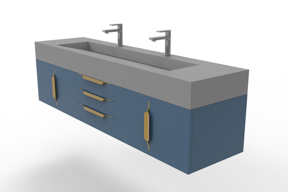 CastelloUSA Nile 72" Wall Mounted Bathroom Vanity Set, Blue, Gray Top, Gold Handles