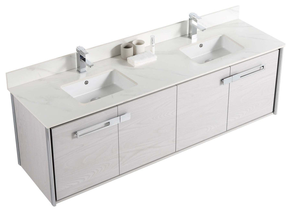 Oakville Wall Mount Bathroom Vanity, Mild Grey Oak, 72", Chrome Hardware