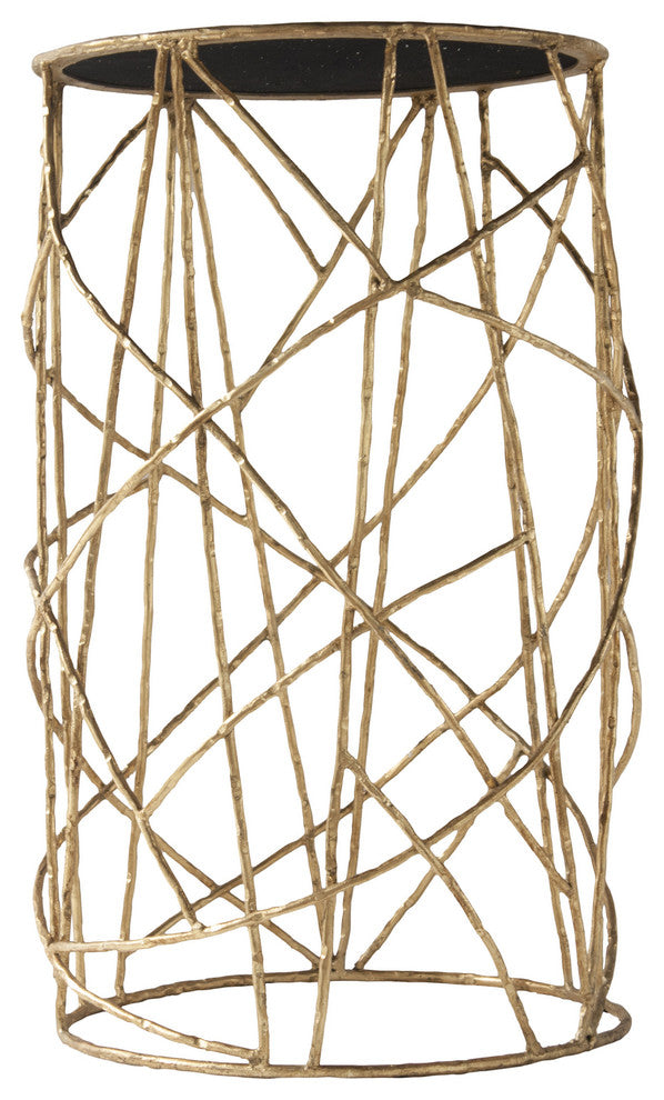 Twig Accent Table With Black Glass Top, Antique Gold