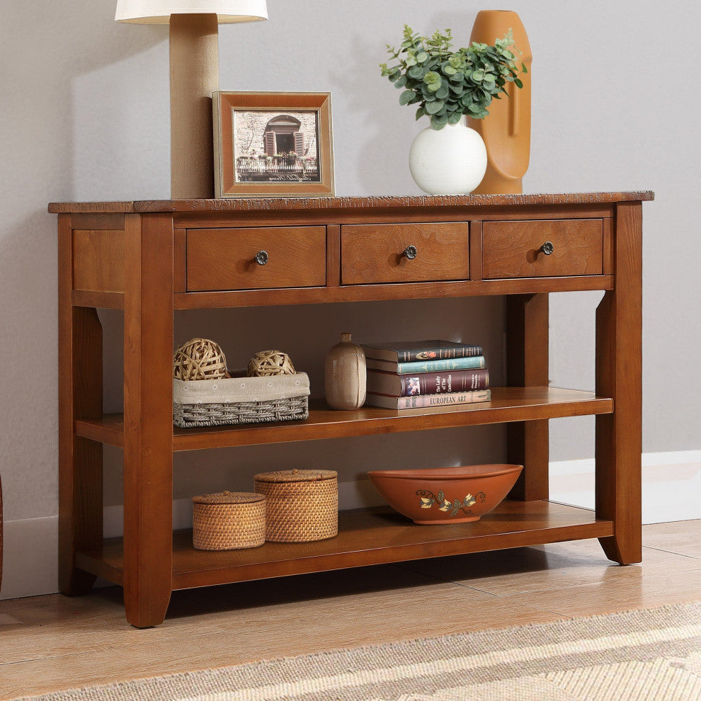 TATEUS 48" Solid Pine Wood Console Table with Storage Drawers, Brown
