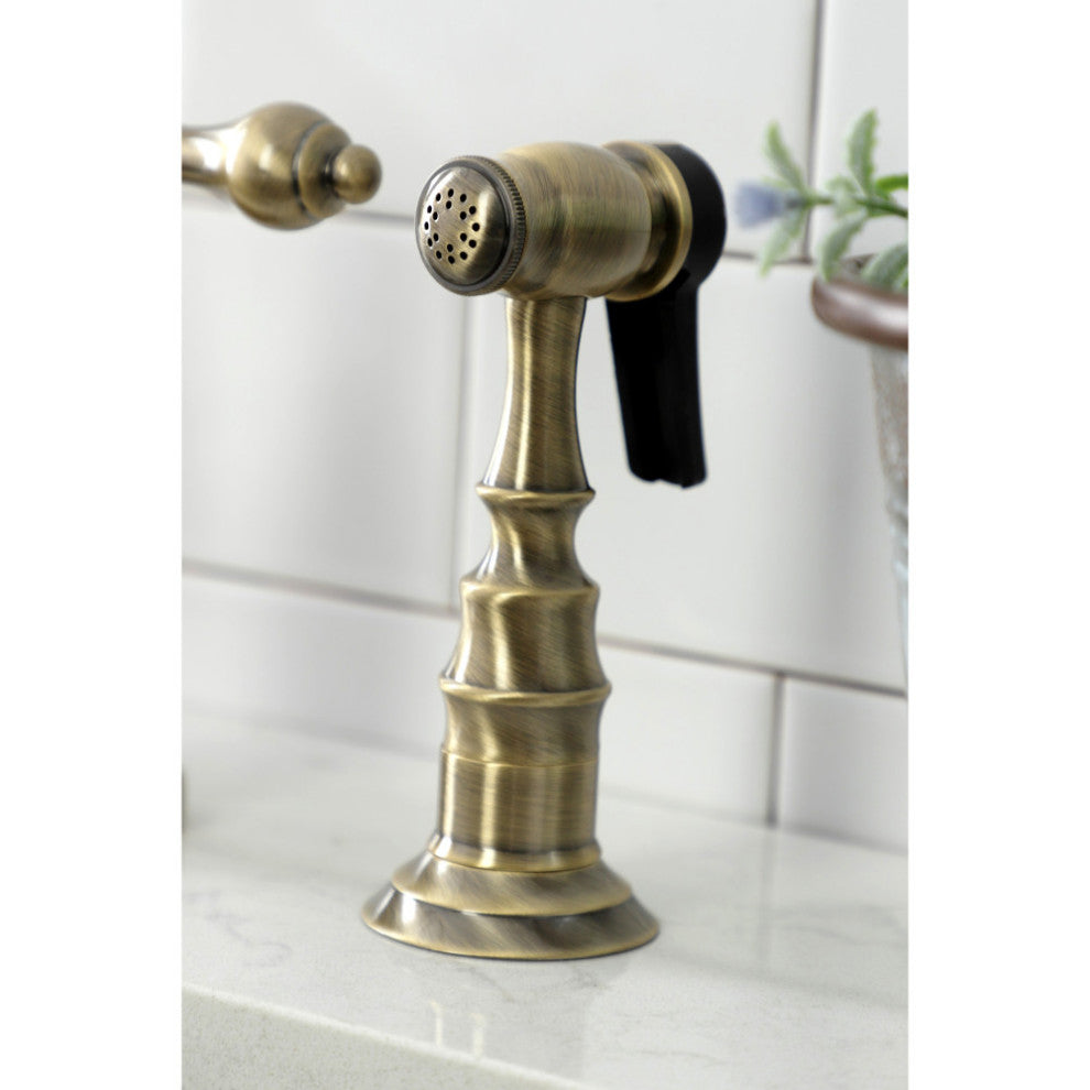 KS7793ALBS Country Bridge Kitchen Faucet With Brass Sprayer, Antique Brass