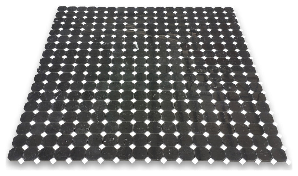 Nero Marquina Black Marble 2" Octagon Mosaic Tile Thassos White Polish, 1 sheet
