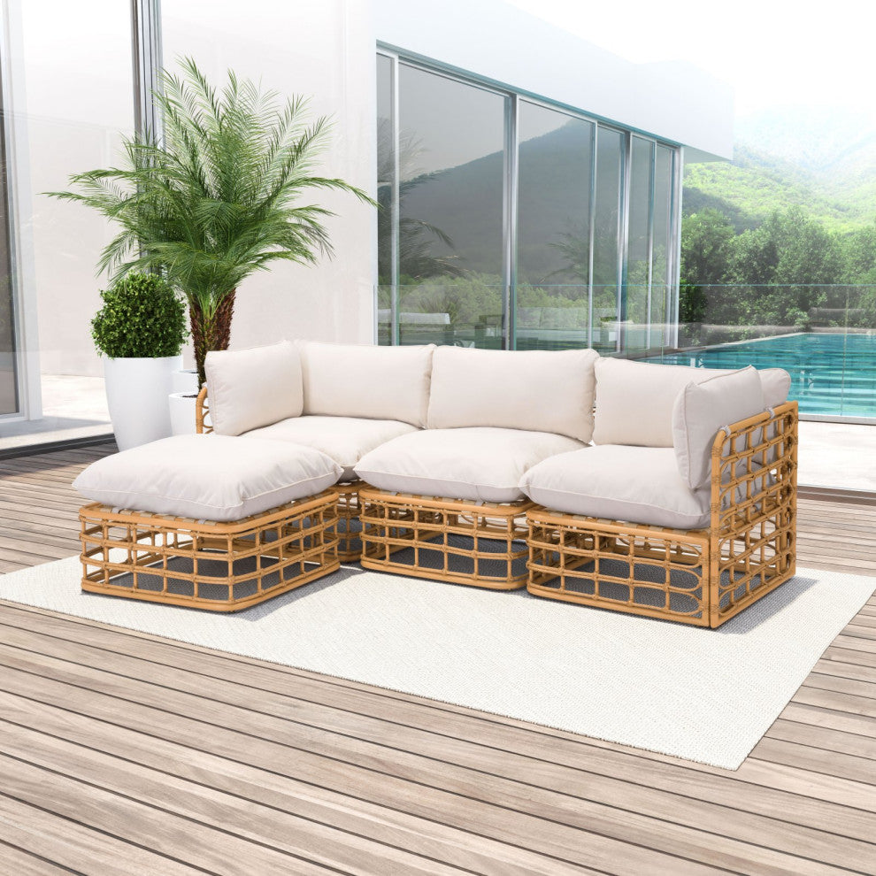 Ottoman Lounge Chair, Wood, Fabric, Beige, Natural, Outdoor Patio Balcony