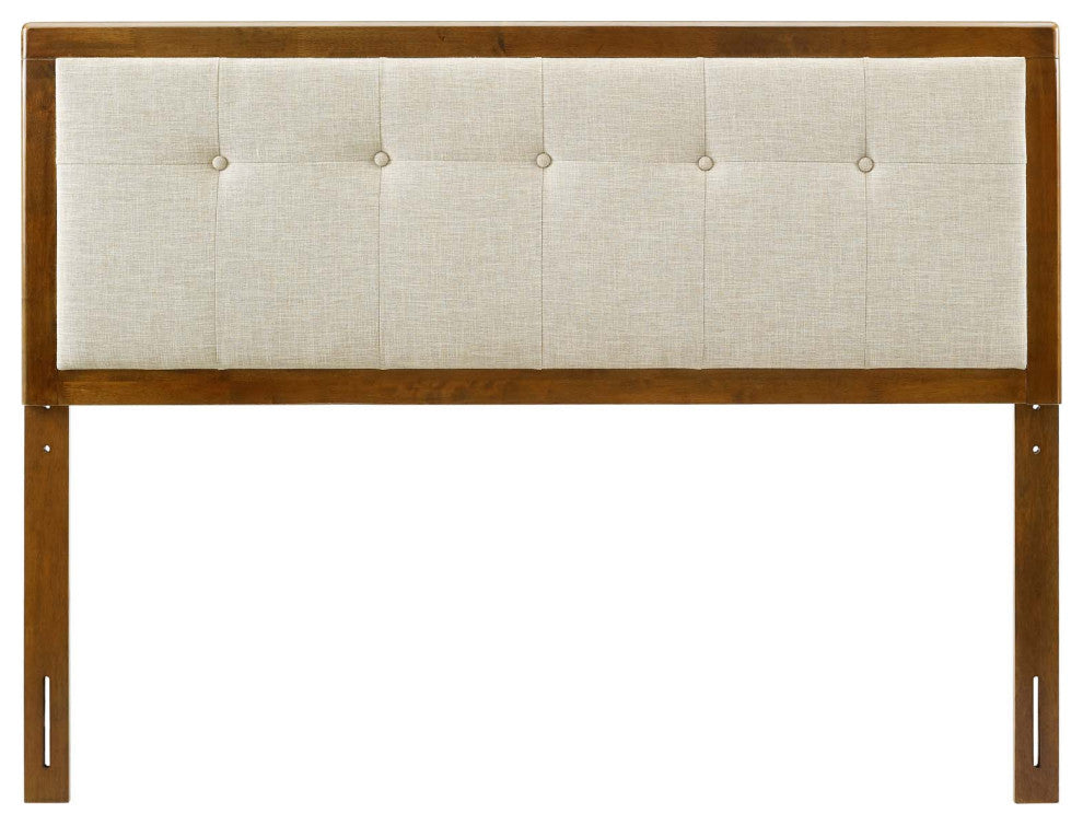 Tufted Headboard, Full Size, Wood, Fabric, Brown Walnut Beige, Modern