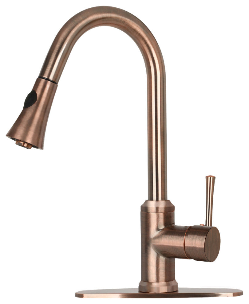 Copper Pull Down Kitchen Faucet With Deck Plate, Single Level Brass Sink Faucets, Antique Copper