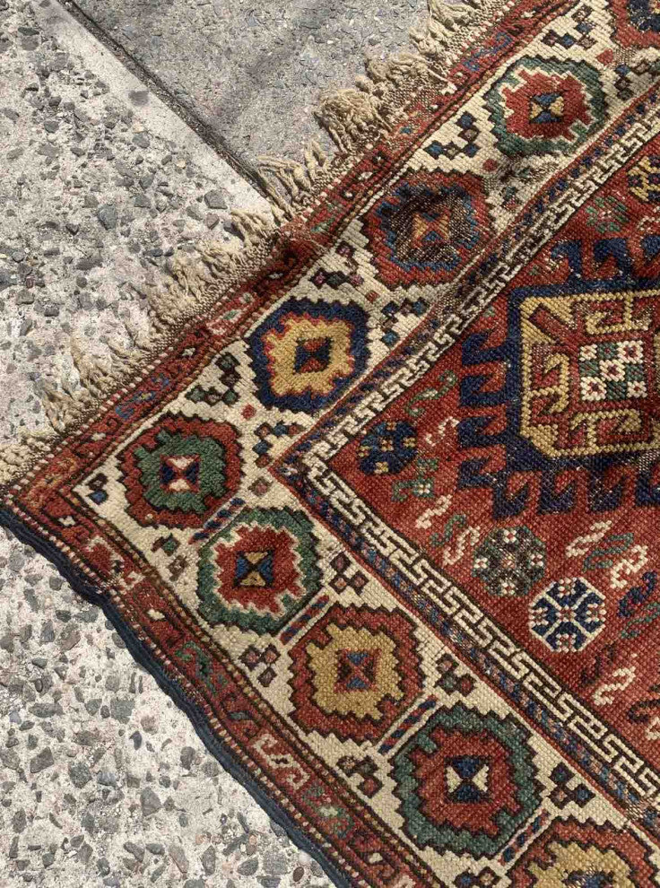 Handmade Antique Caucasian Kazak Rug 3.4'x4.4', 103cmx134cm 1880s