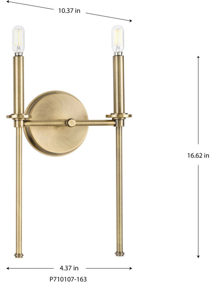 Elara Collection 10.37" 2-Light Vintage Brass Clear Glass Bath Vanity Light