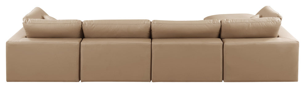 Comfy Upholstered L-Shaped Modular Sectional, Tan, 5-Piece: 2 Armless Chair, 2 Corner Chair, 1 Ottoman, Vegan Leather