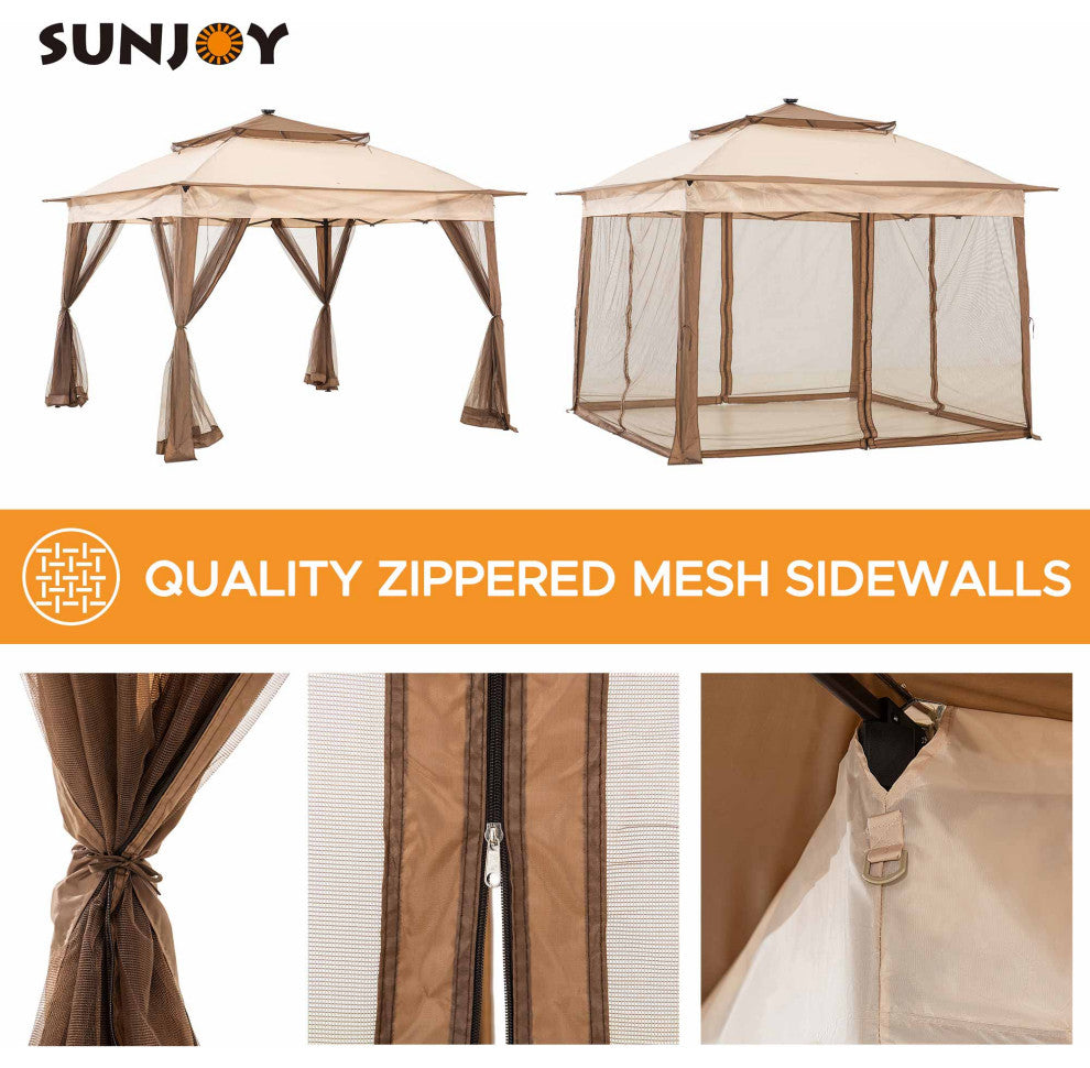 Sunjoy 11 x 11 ft Patio Pop Up Portable Gazebo with Solar LED Lighting