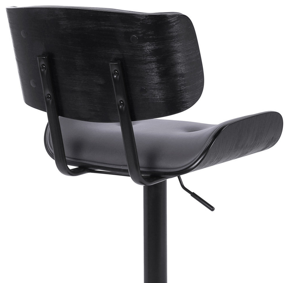 Brooklyn Adjustable Swivel Faux Leather and Wood Bar Stool With Metal Base, Gray and Black